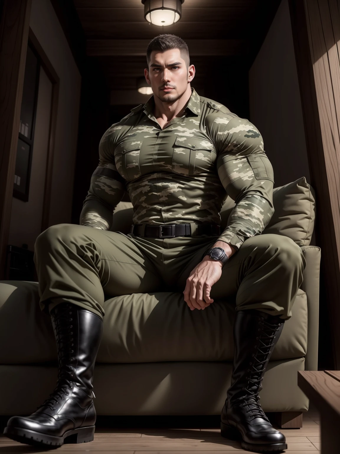 Tall giant muscular man sitting in the forest，Dark gray camouflage military uniform，character  design（Resident Evil - Chris Redfield，Chris Redfield）His hairstyle is a crew cut，Wearing dark gray camouflage military uniform，Frosted grain texture，Soft and comfortable sofa，Sitting in the eerie cane jungle, The body is wrapped in thick rattan，expression sad，Deep and charming eyes，The male hero with emerald pupils，heroic masculine pose，Tall and burly，Muscular！Charming leg muscles，tall, Burly, and strong， Wearing dark gray camouflage military uniform， Super gain and cool， commission for high resolution， Big feet in black boots，Charming strong man，Bright sunlight shines on the body，The texture of frosted particles is shiny