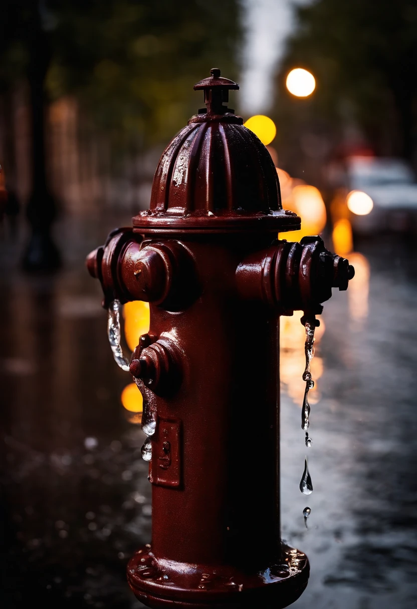 Photograph a close-up of a fire hydrant on a rainy city street, showcasing the glistening water droplets cascading down its shiny surface, capturing the beauty and resilience in everyday objects.