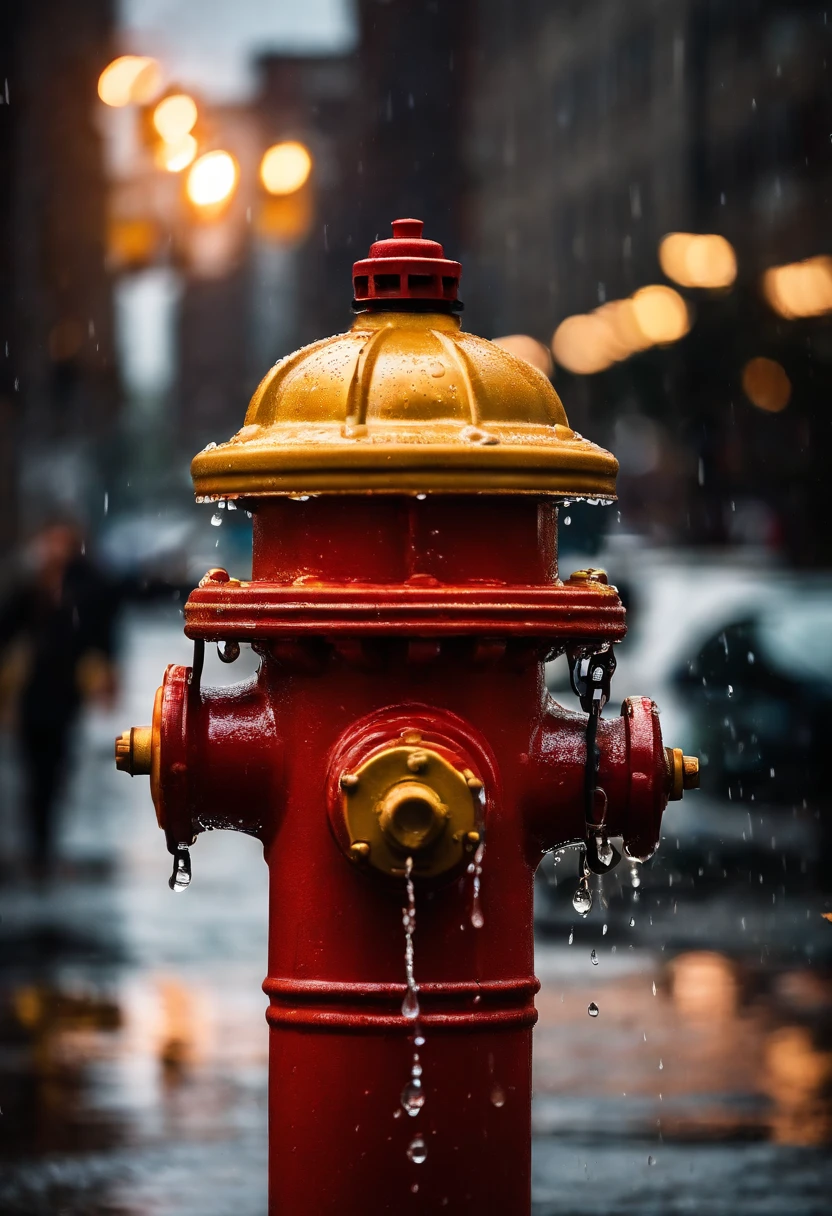 Photograph a close-up of a fire hydrant on a rainy city street, showcasing the glistening water droplets cascading down its shiny surface, capturing the beauty and resilience in everyday objects.