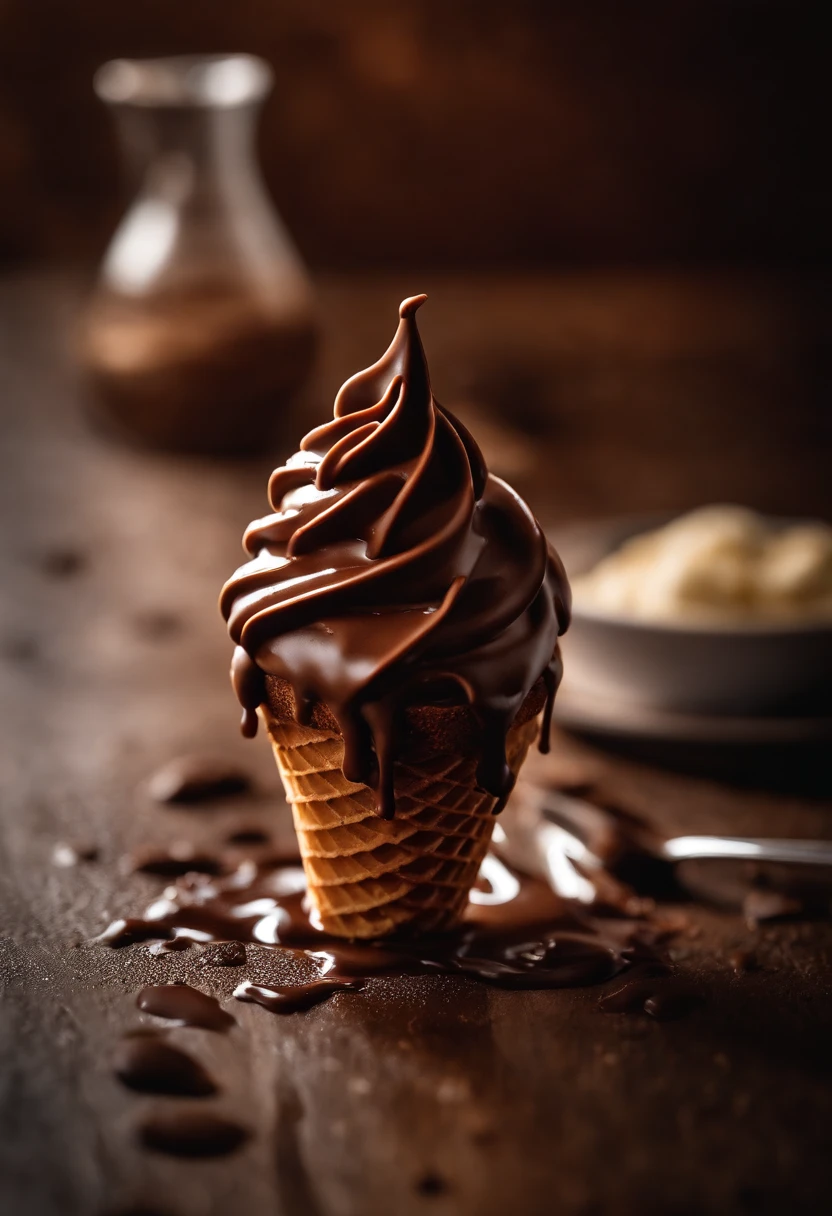 A macro shot of a drippy chocolate cream cone, with the melting cream slowly trickling down the sides, capturing the texture and indulgence of the dessert.