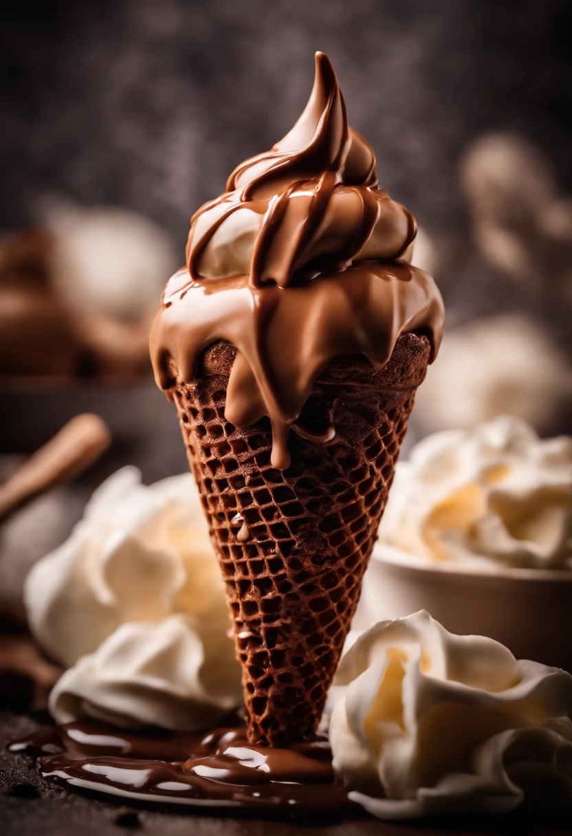 A macro shot of a drippy chocolate cream cone, with the melting cream slowly trickling down the sides, capturing the texture and indulgence of the dessert.