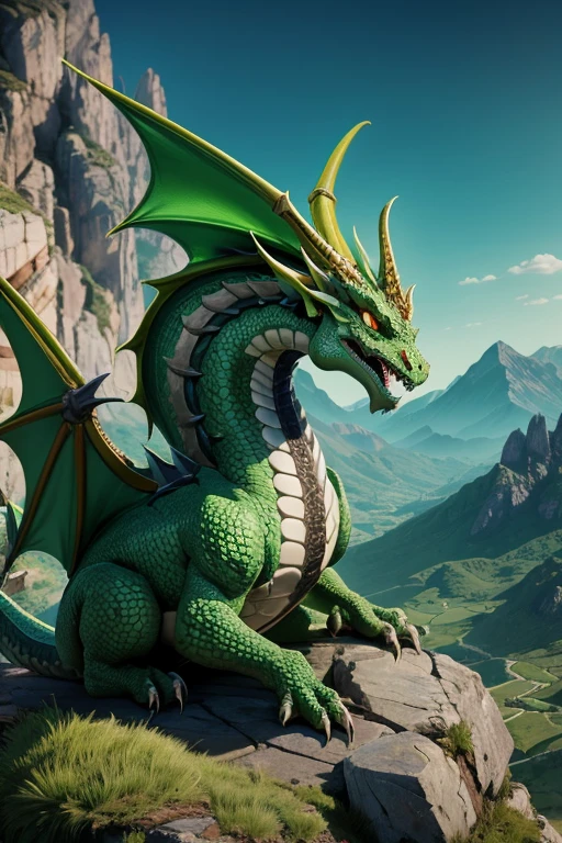Dragon criatura medieval, color verde, entorno de rocas, Landscape Mountains.