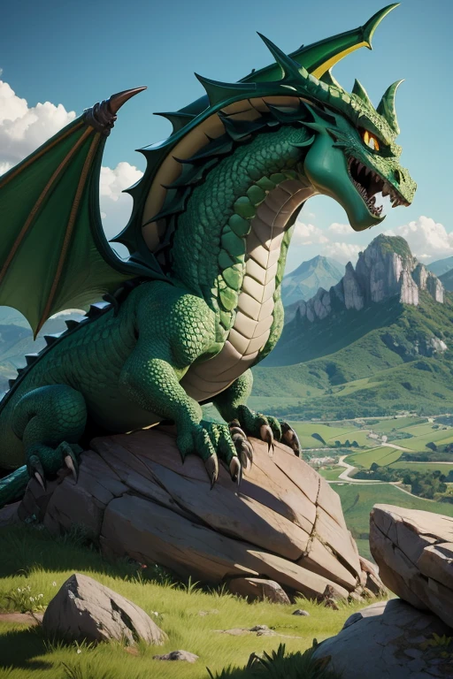 Dragon criatura medieval, color verde, entorno de rocas, Landscape Mountains.