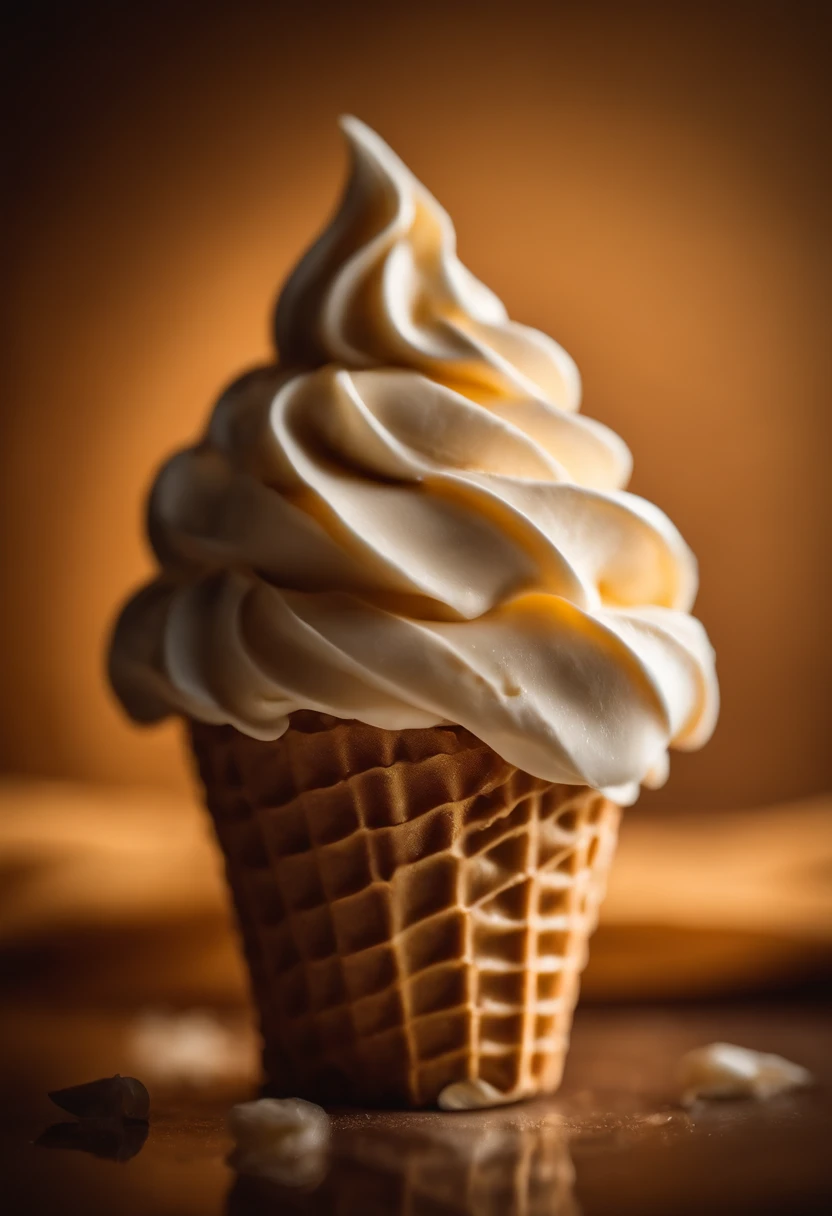 A macro shot of a perfectly swirled soft-serve cream cone, capturing the smoothness and creaminess of the dessert.