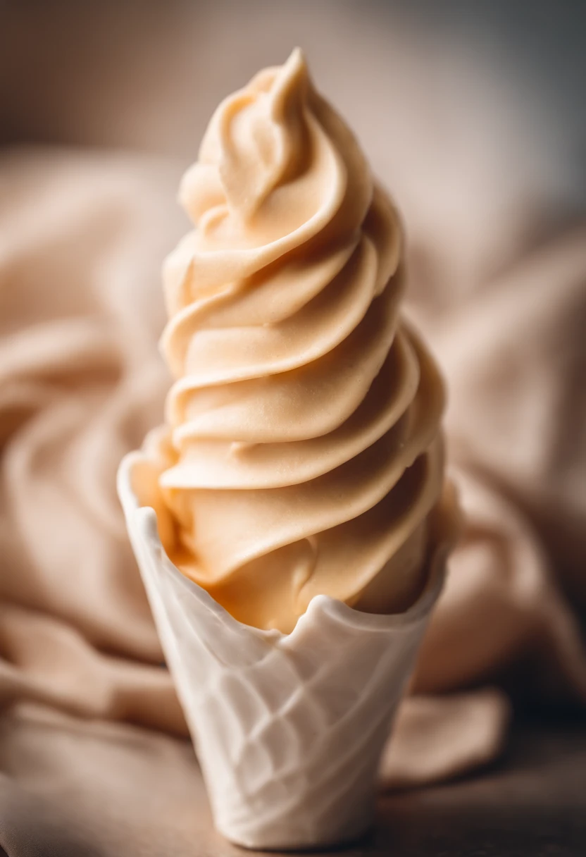A macro shot of a perfectly swirled soft-serve cream cone, capturing the smoothness and creaminess of the dessert.