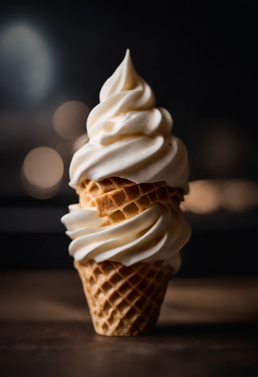 A macro shot of a perfectly swirled soft-serve cream cone, capturing the smoothness and creaminess of the dessert.