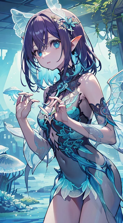 Masterpiece, hiquality, ocean forest, City, Fantastic Fantasy, glowing plants, Coral Viaduct, (Swarm of glowing jellyfish), (School of fish with transparent wings, flying in the sky), foggy, 極端なディテール, morning light, epic composition, (intricate detials), (intricate design, ultra detail: 1.2), Art Station, (Masterpiece, Best Quality), Ultra HD, 12) ,lock,1girl --v 6