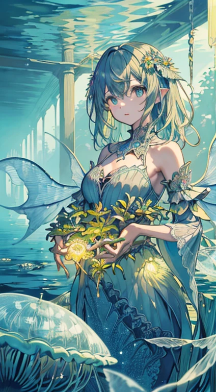 Masterpiece, hiquality, ocean forest, City, Fantastic Fantasy, glowing plants, Coral Viaduct, (Swarm of glowing jellyfish), (School of fish with transparent wings, flying in the sky), foggy, 極端なディテール, morning light, epic composition, (intricate detials), (intricate design, ultra detail: 1.2), Art Station, (Masterpiece, Best Quality), Ultra HD, 12) ,lock,1girl --v 6