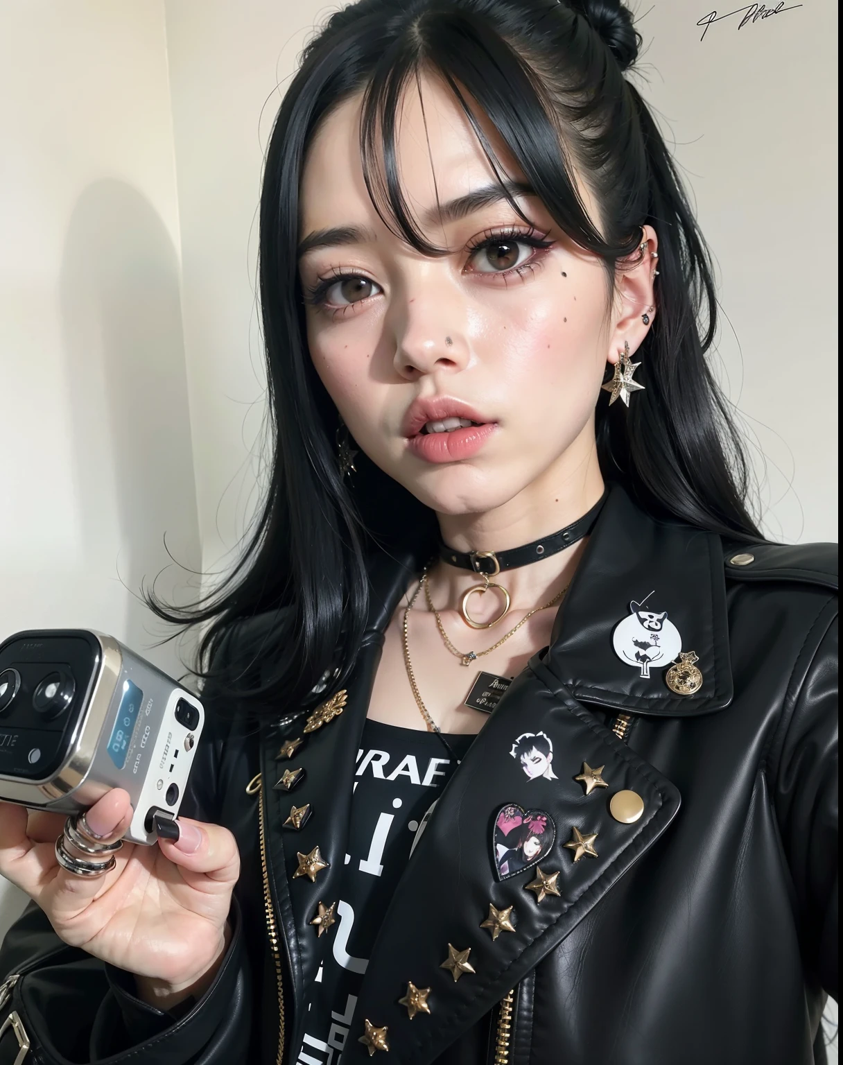 Araffe woman with black hair and piercings holding a cell phone., cruel korean goth girl, goth girl aesthetic, gothic aesthetic, 1 7 - year - old goth girl, 1 7 - year - old anime goth girl, goth girl, Estilo de Junji Ito, Estilo punk, darkwave gothic aesthetic, gothic style, very aesthetic leather jacket, gothic horror vibes