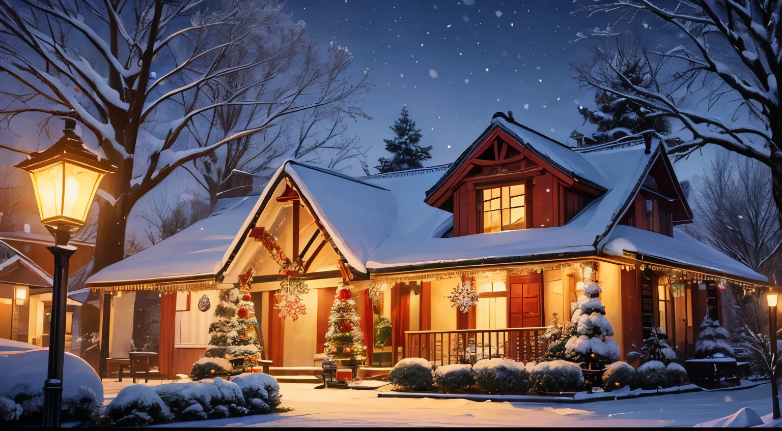((bestquality)), ((masterpiece)), (Detailed),Christmas, Winter atmosphere,snow ,ต้นChristmas,present ,nighttime ,Santa