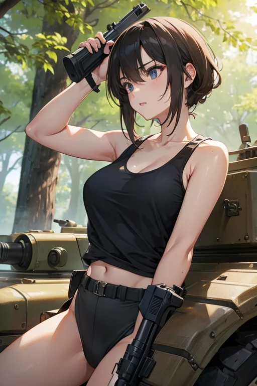 (Best Quality, 8K, Oil Painting, masutepiece:1.2), Ultra-detailed, (Realistic, Photorealistic:1.37), (((FULL BODYSHOT)))、Vibrant colors, Studio Lighting, (((The whole body is reflected)))、Shoulder-length bob hair, Green and brown tank top, Camouflage tank top, Denim miniskirt, White background, scared expression、Mouth open、 Upper Stage Kick、Fighting Pose、(((Red hair)))、(((bobhair)))、(((Camouflage pattern tank top)))、(((with a pure white background)))、(((There is a margin at the top)))