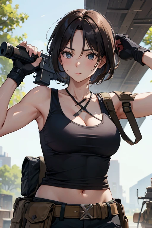 Survival Games Beautiful Mature Woman Shoot with a gun、Tank tops