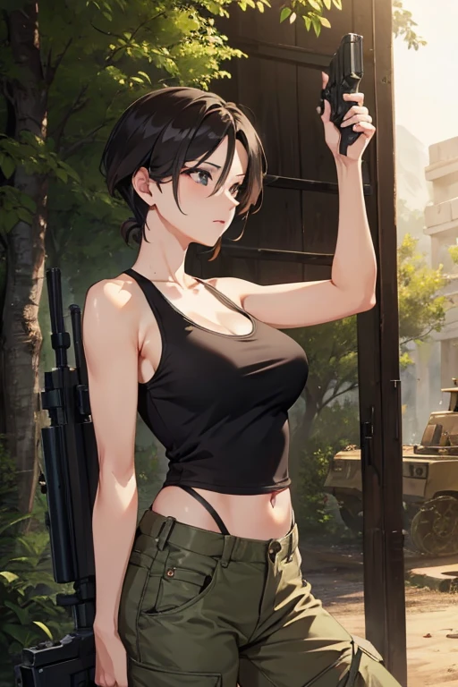 Survival Games Beautiful Mature Woman Shoot with a gun、Tank tops