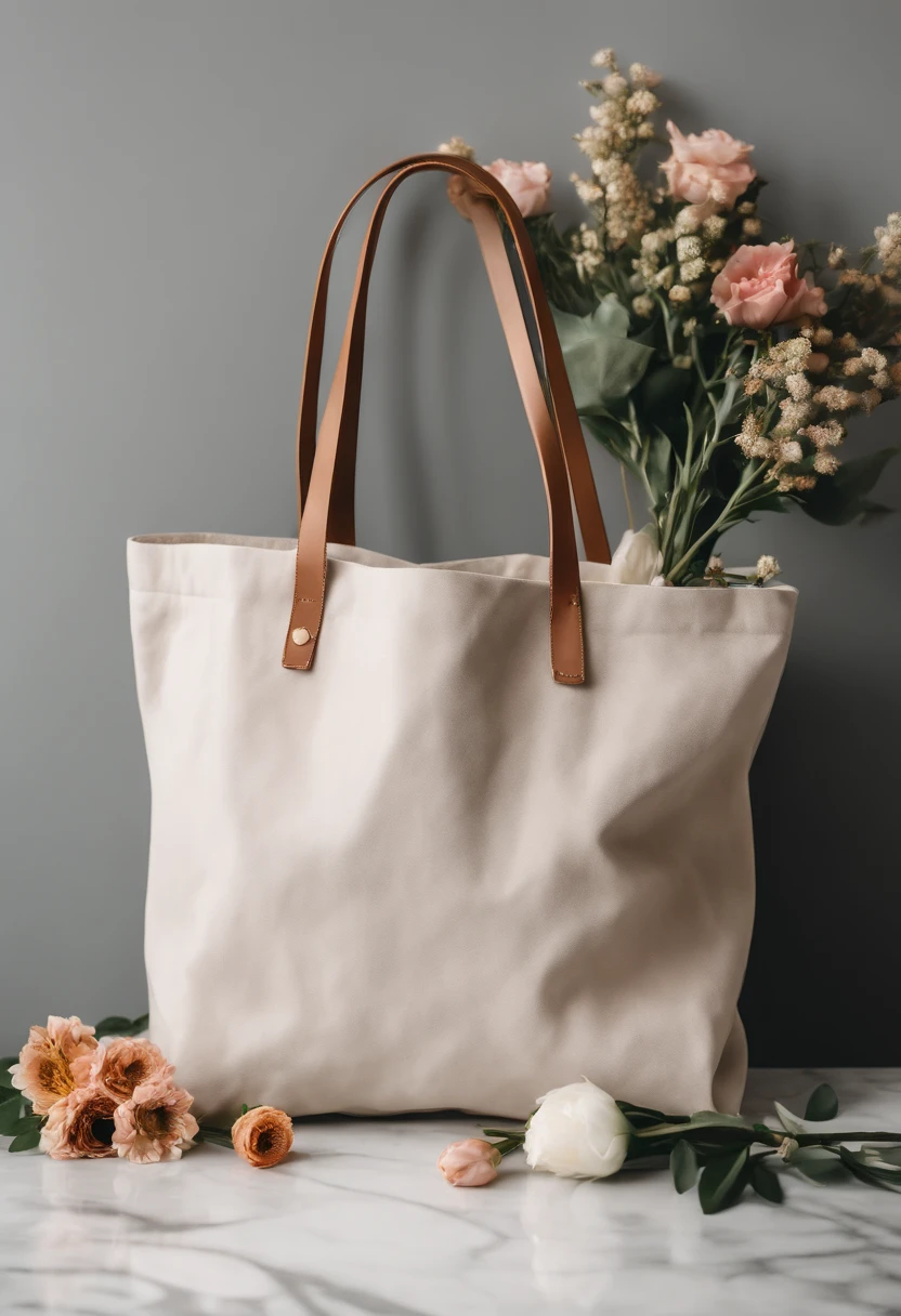An aesthetic photo of a blank tote bag mockup placed on a marble countertop with fresh flowers and stylish accessories, showcasing its versatility as a fashion statement.