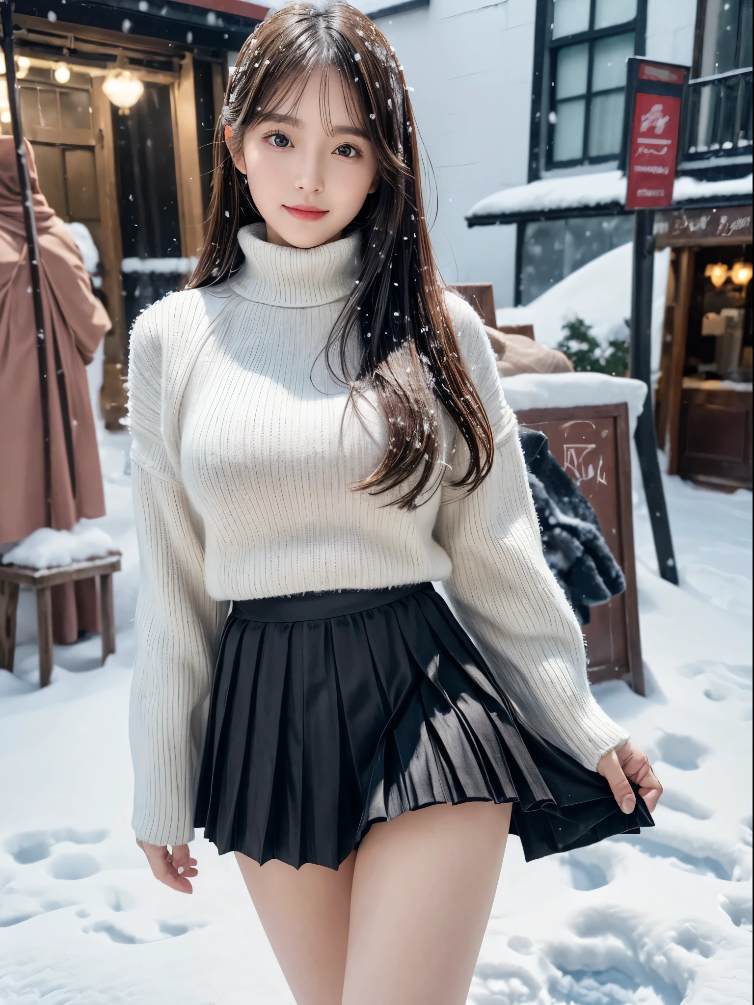 (8k,masterpiece, RAW photo,best quality:1.4),(photo realistic:1.2),(extremely detailed face),(shiny skin),(detailed skin),(detailed face),(extremely beautiful face),1girl,looking at viewer,Japanese idle(actress), brown hair,medium hair,straight hair,asymmetrical bangs,smile,glamor,large breasts, (white Fleece jacket, black turtleneck sweater, black Pleated skirt:1.2), christmas market, (Snow is on the ground:1.3),high position,professional lighting