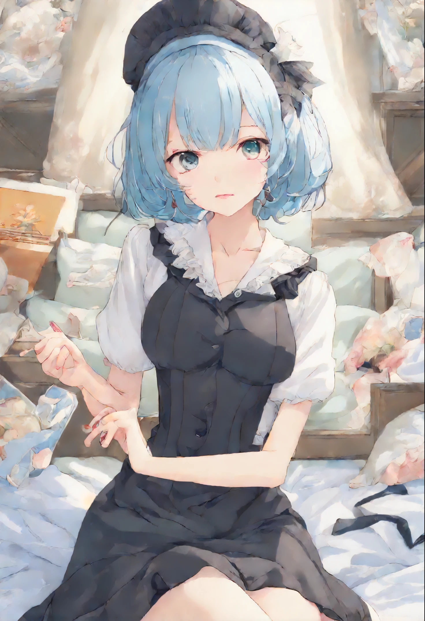 poster for, text, Covered with, ((poster Covered with)), ((magazine Covered with)), tmasterpiece, a superlative, Spring dress, The color hair, magazine Covered with, The upper part of the body, 1 girl, the maid outfit, light blue short hair, Black suit, the maid outfit, Beds, exposed bare shoulders, eBlue eyes, hair pin, full bodyesbian, sitting on Beds, ((Bangs comb on the right))), janelas, rays of sunshine, (symetrical eyes) magazine Covered with, The upper part of the body