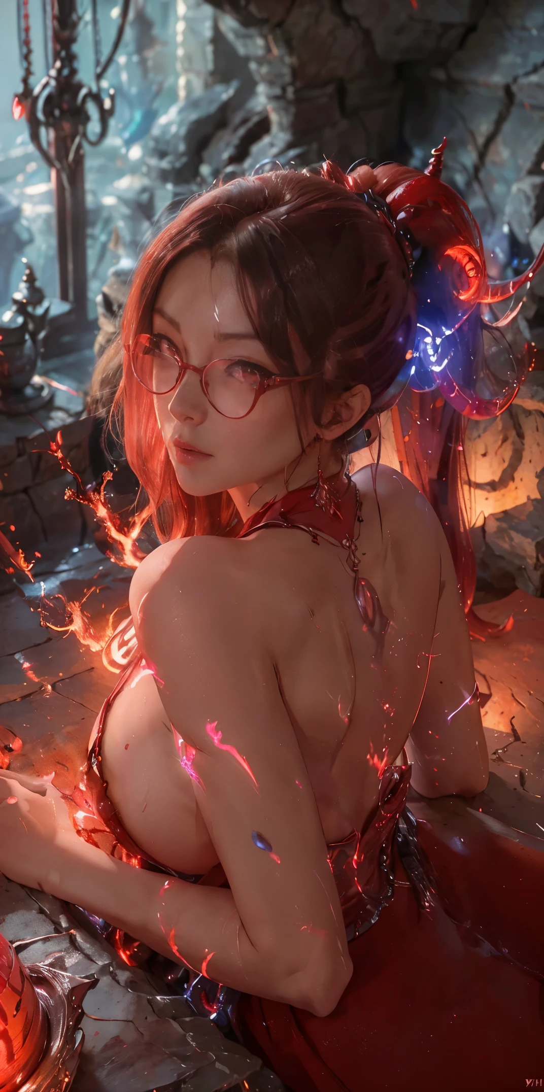 Fine、(The best illustrations)、8k UHD resolution、intricate-detail、top-quality、realisitic、ultra-detailliert、The best lighting、Best Shadows、Soft lighting、Ulutra HD、Dungeon and Dragon、caves、Dungeon、 A Necromancer、natta、Dark style、Succubus、Devil's Daughter、Bat Wings，(((Demon Hornlack-rimmed round glasses))))、(((Colossal tits)))、(Devil's Tail)、(red eyes glowing:1.6)、​masterpiece、beautiful countenance、Tindall Effect、photos realistic、(High Detail Skins:1.2)、8KUHD、Digital SLR、hightquality、a picture、hight resolution、 absurderes、Ponytail distortion、best ratio four finger and one thumb、女の子1人、hair adornments、Red sparkling gemstone necklace、jewely、Beautiful expression、Body Up、Large breasts emphasis、Toned waist、Wide buttocks、Tindall Effect、Photorealsitic、(High Detail Skins:1.2)、pink nipple, pink pusy