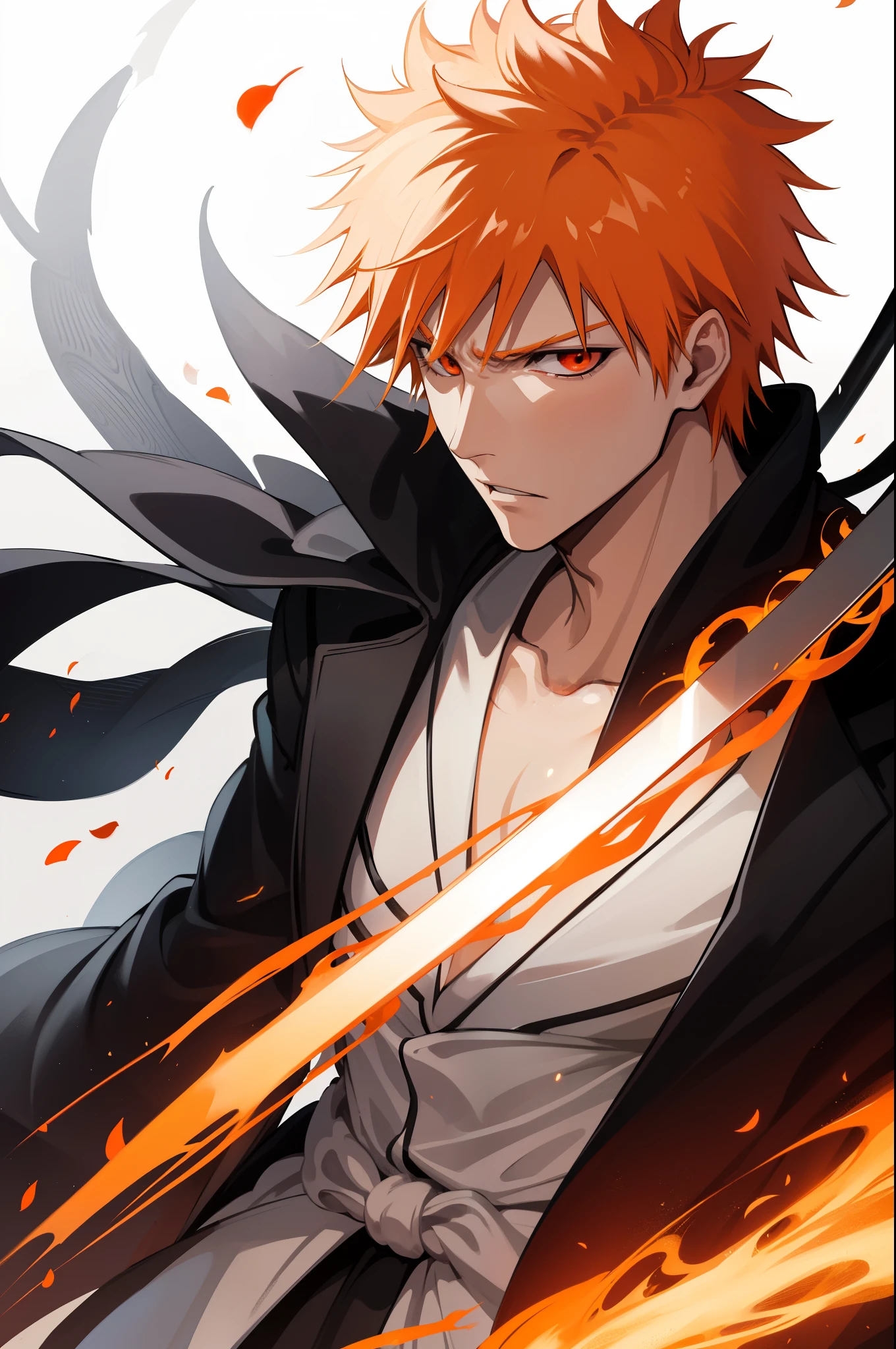 Ichigo Kurosaki, close up, orange color hair, Glowing red eyes, rage face, call out, blur backgroun, tmasterpiece, 8K, k hd, With his sword