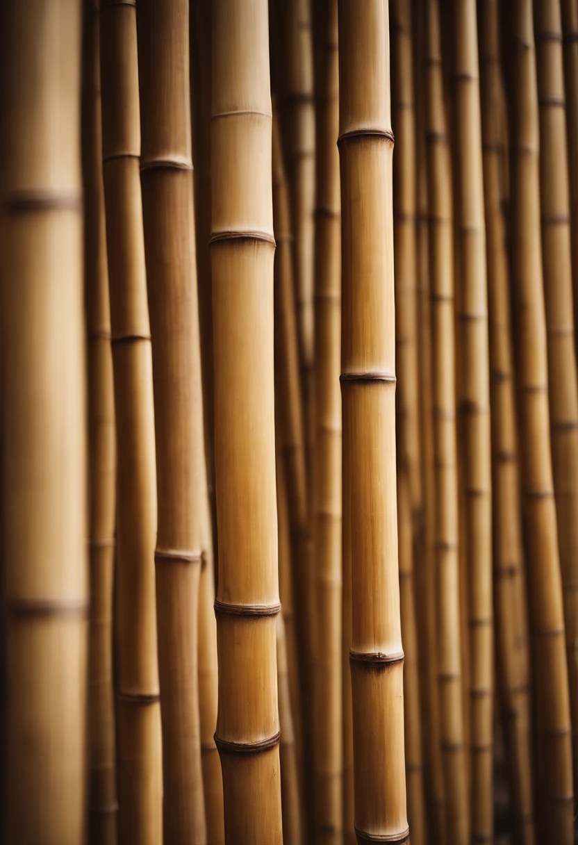 An aesthetic photo of a bamboo wall, with its natural fibers and layered texture, showcasing the sustainable and eco-friendly beauty of bamboo in shades of light brown and beige.