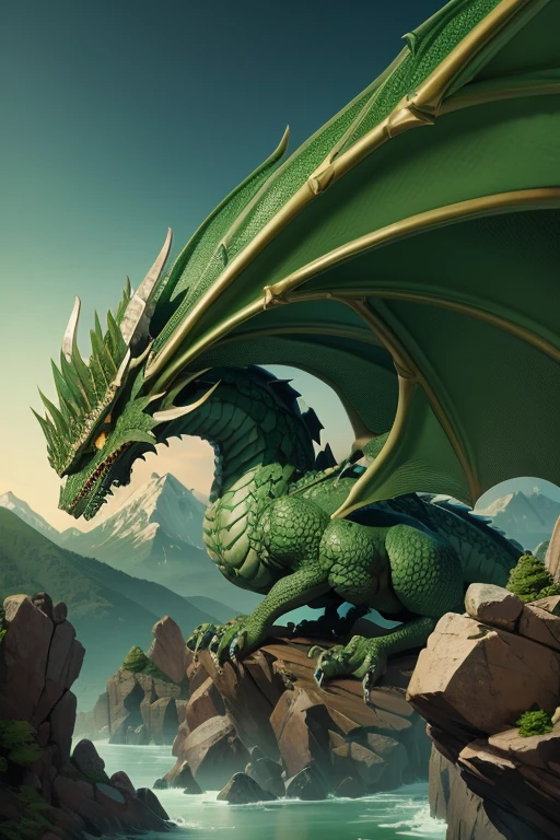 Dragon criatura medieval, color verde, entorno de rocas, Landscape Mountains.