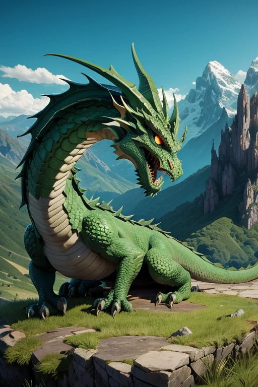 Dragon criatura medieval, color verde, entorno de rocas, Landscape Mountains.
