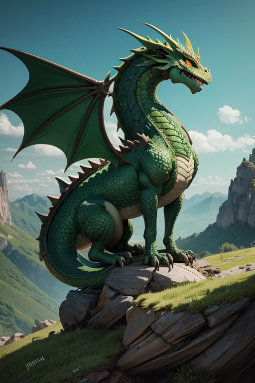 Dragon criatura medieval, color verde, entorno de rocas, Landscape Mountains.