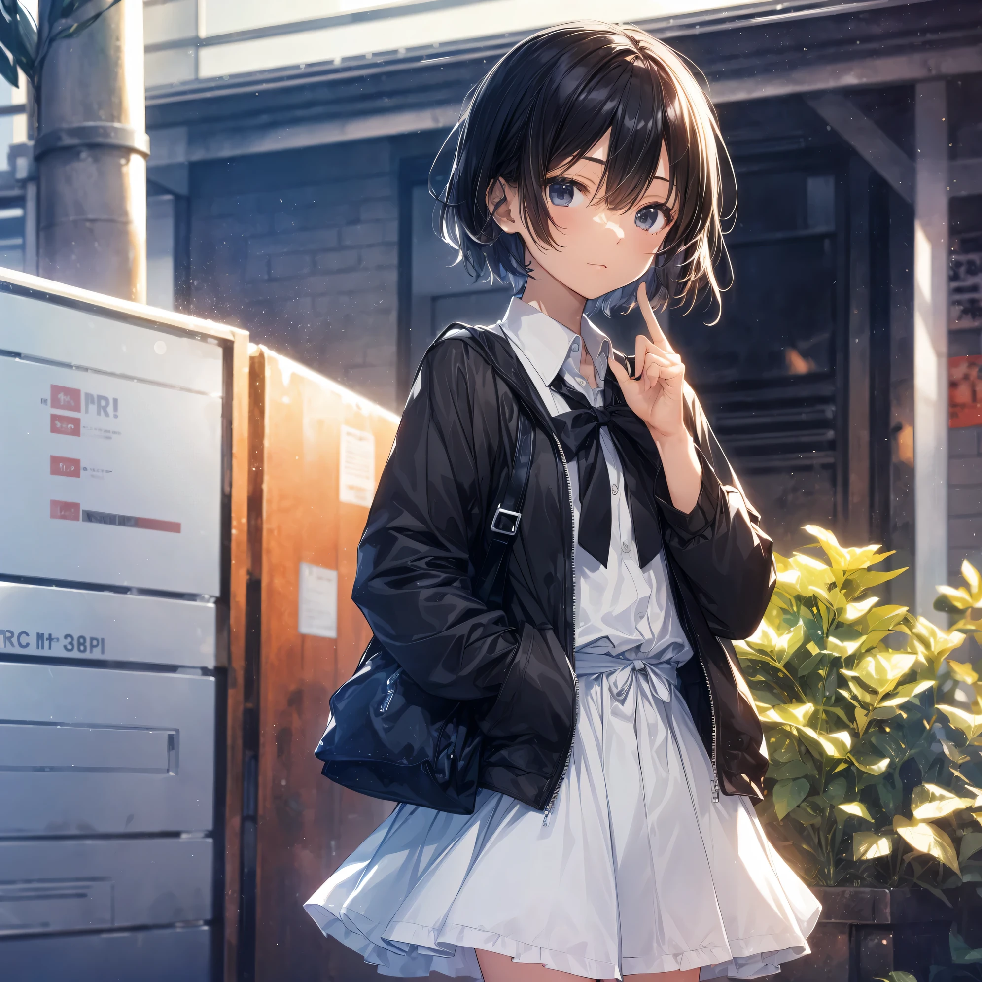 Super high quality by the art god, Ultra-detailed, High resolution, Shinkai Makoto style, anime moe art style, best anime 8K konachan wallpaper, Pixiv Contest Winner, Perfect Anatomy, BREAK,(Please draw a sleepy girl going to school alone.. ),BREAK, a hyperrealistic schoolgirl, (Solo,Lori,,13yea:1.3),Full limbs, complete fingers,a junior gynous attraction, (Very short hair), hair messy, flat chest, Small butt, groin, Small eyes,Beautiful detailed black eyes, Well-proportioned iris and pupils, disgusted eye, High resolution detailed hair, School uniform, Skirt,  On the way to school. BREAK,Ultra-detailed細なスキン, Best lighting by famous artists, 8K, Illustration,