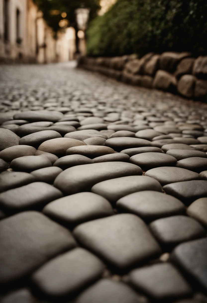A high-definition image of a cobblestone wall, with its interlocking stones and varied textures, capturing the timeless and charming allure of cobblestones in neutral tones of gray and beige.