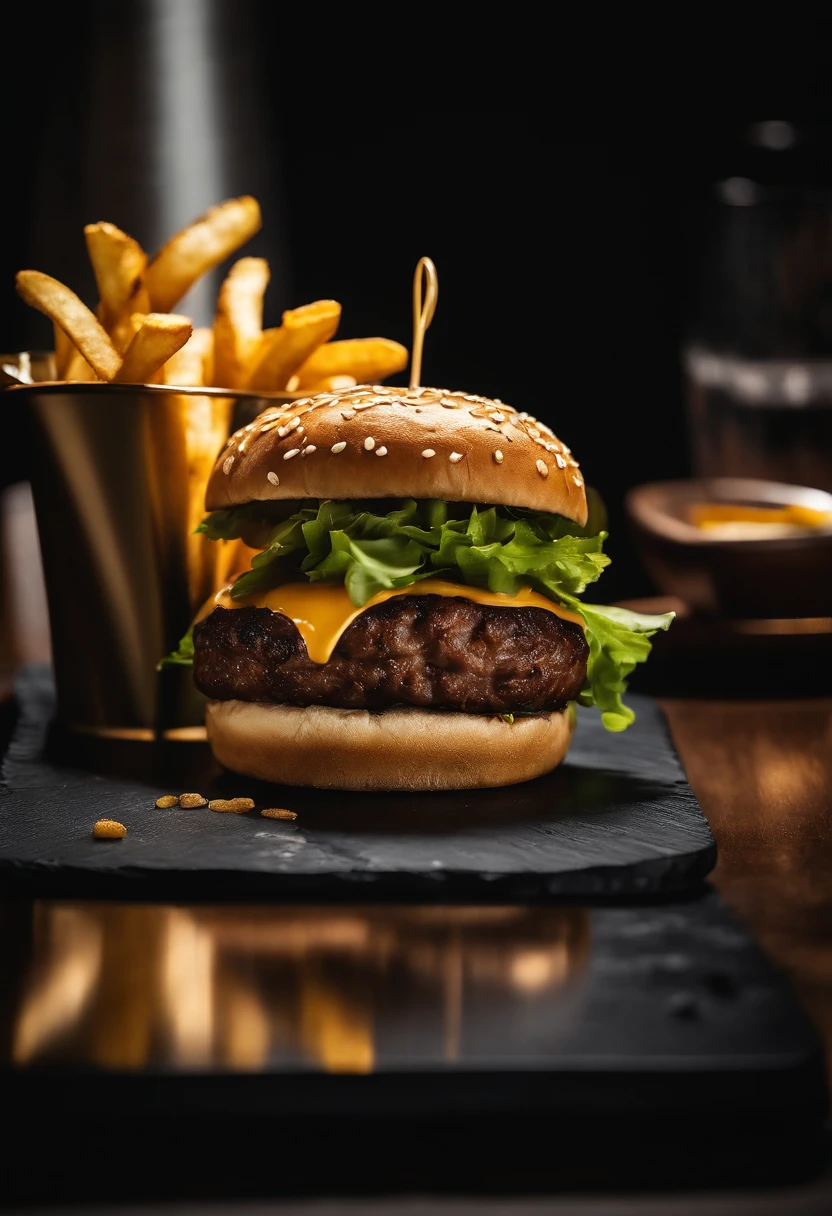 An aesthetic photo of a hamburger served on a trendy black slate plate with a side of golden crispy fries, showcasing the burger’s modern and stylish presentation