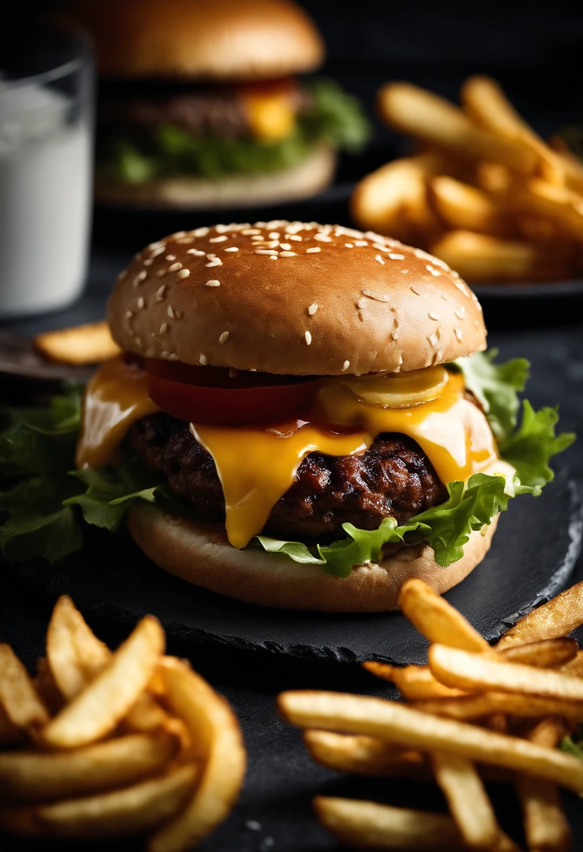 An aesthetic photo of a hamburger served on a trendy black slate plate with a side of golden crispy fries, showcasing the burger’s modern and stylish presentation