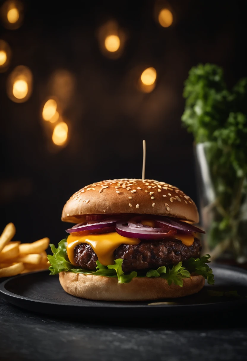 An aesthetic photo of a hamburger served on a trendy black slate plate with a side of golden crispy fries, showcasing the burger’s modern and stylish presentation