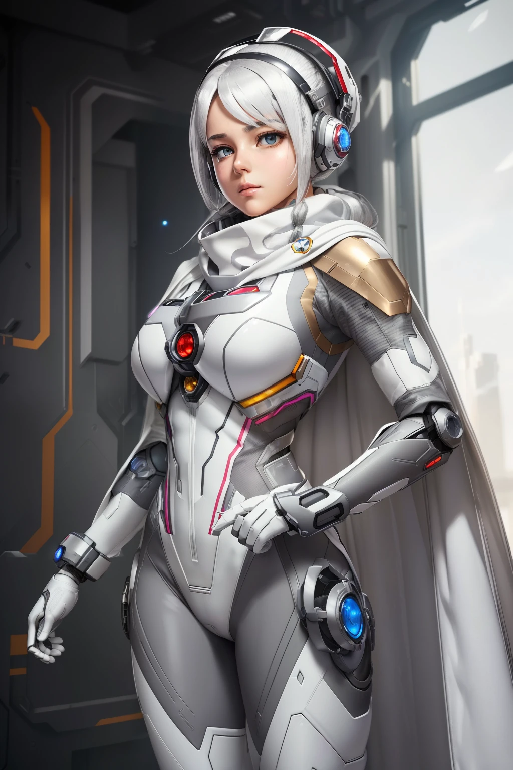 Bust ((half body)) hyperrealistic masterpiece, Superheroine girl ((mech sci-fi aesthetic style)) in extremely detailed tech tight plugsuit ((with scarf & white cape)), cinematic illumination: 8k, (((two-tone gray and white hair)))