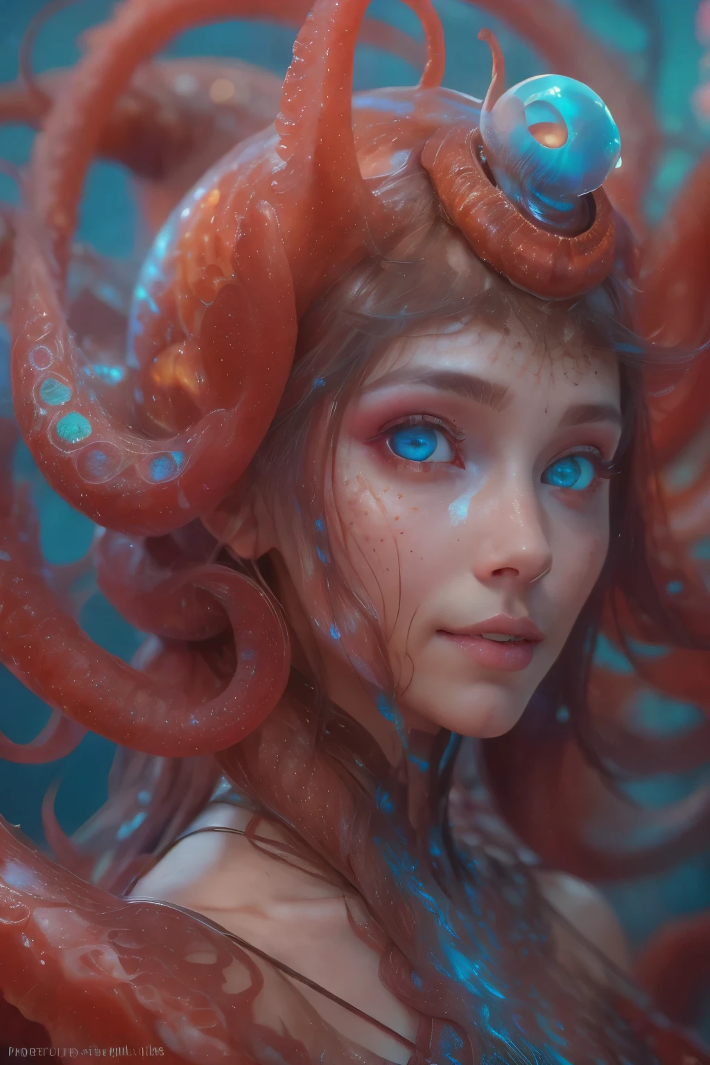 Portrait, (beautiful female alien:1.2), (There is a female genital-like organ in the middle of the forehead.:1.8), (The most beautiful face in the history of the universe:1.2), (Scarlet eyes that shine mysteriously:1.6), (Translucent skin:1.8), an evil gaze that seduces, (red eyes:1.5), (large mouth:1.1), sharp teeth like a shark, Full body like, (bio luminescent:1.2), (Smile wickedly:1.3), (sexypose:1.5), alien, No humans, cells are fused, (Lots of translucent tentacles:1.1) (Translucent skin:1.3), extraterrestrial, cell, bio image, Best Quality, 8K,4K_quality, High Definition, Dramatic Lighting, masutepiece:1.5,cinematic quality, detail up, (Intricate details:1.2), High resolution, High Definition, drawing faithfully, (Thick eyebrows:1.2), Beautiful eyes with fine symmetry, (Ultra detailed eyes:1.2),(Highly detailed face and eyes:1.2), (High-resolution red-eye:1.4), Intimate face, (Super detailed skin quality feeling:1.4), Perfect Anatomy, (Beautiful toned body:1.5), (Moist skin:1.2), No makeup, (dark circles:1.1), long canines, cinematic drawing of characters, ultra high quality model, cinematic quality, detail up, (Intricate details:1.2), High resolution, High Definition, drawing faithfully, Official art, Unity 8K wall , 8K Portrait, Best Quality, Very High resolution, ultra detailed artistic photography, midnight aura, unreal enginee 5, Ultra Sharp Focus, art by alberto seveso, ArtGerm, Roisch, intricate artwork, best quality, masutepiece, ultra High resolution, (photos realistic:1.4), Ultra-realistic realism, dream-like, nautilus, Creation of fantasy, Snail, Dream Snail, biopunk nautilus, Thrilling color schemes, Ultra-realistic realism, seductively smiling, Blue tentacles