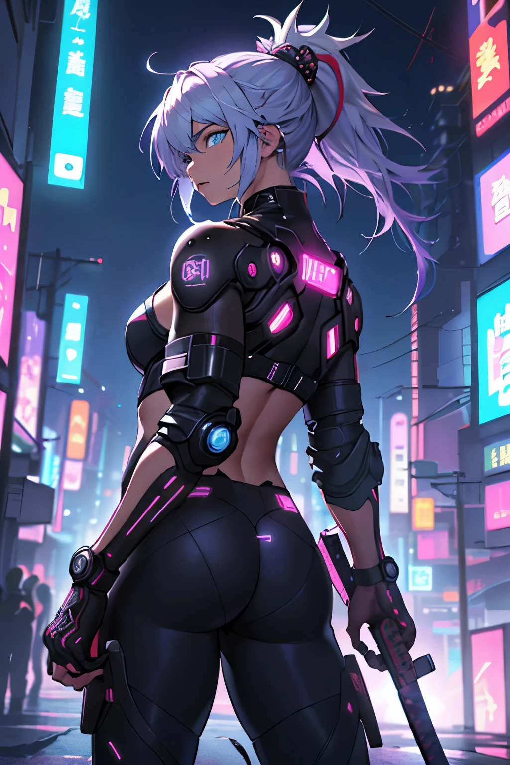 On rooftop, (cyberpunk theme) stunning Girl, cyber purple armor, ponytail, mechanic tail, glowing eyes, amazing city view, brilliant circuits, flying car, night, immersive scenery