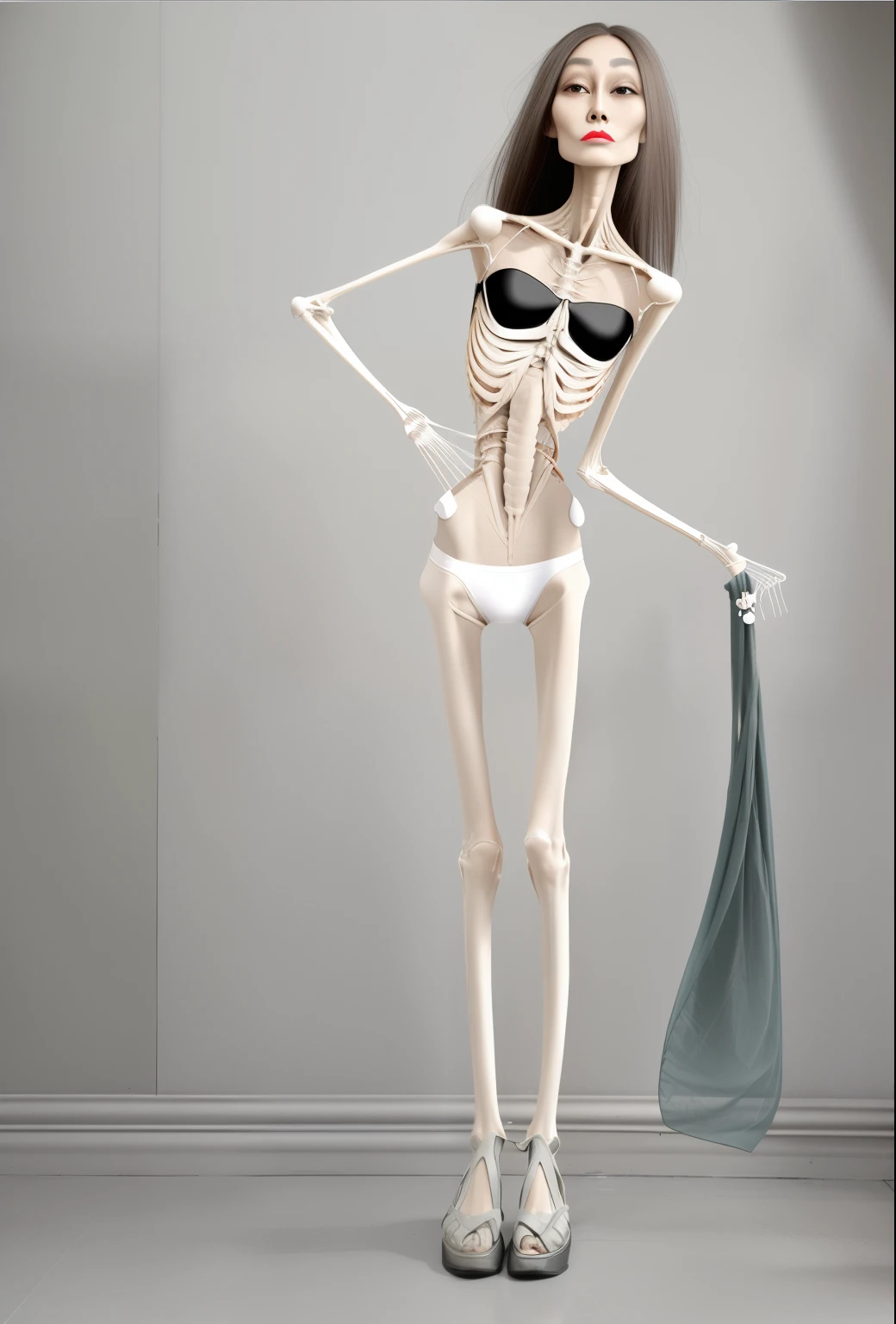 extremely thin woman,The body is very thin,Rib chest,Protruding sternum,The sternum is distinct,The waist is very thin,The ribs are noticeable,Protruding ribs,The pelvic protrusion is very obvious,Clear outline of pelvis,The crotch protrudes,thin shoulde,The waist is very thin,Sunken abdomen,Abdominal muscle atrophy,Delicate arms,arm muscle atrophy,slender thigh,Knees are obviously protruding,Ankle bulges,The ankle bones are obvious,The leg bones are obvious,leg muscle atrophy,anorexia,Wear tight leather pants,Wear slippers,Significant atrophy of dorsalis pedis muscles,Asia face,Haggard expression,domestic violence,Excessive weight loss,sunken face,Apply lipstick,Severe malnutrition