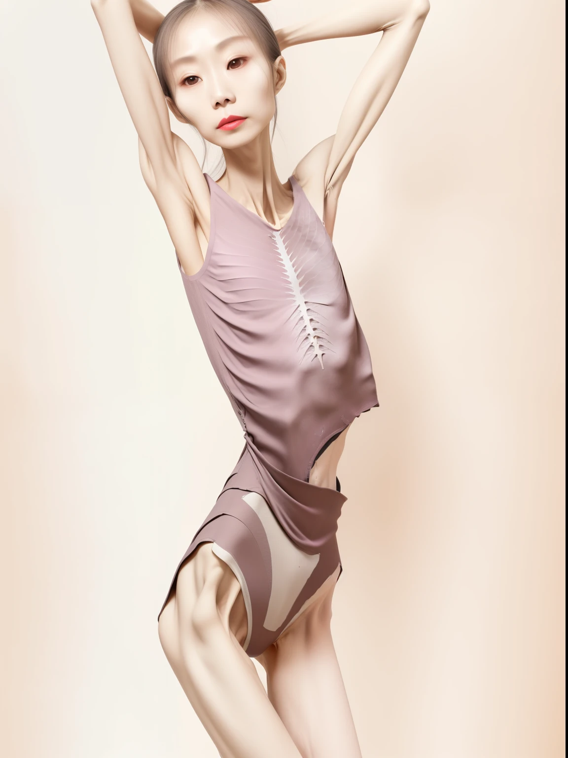 extremely thin woman,The body is very thin,Rib chest,Protruding sternum,The sternum is distinct,The waist is very thin,The ribs are noticeable,Protruding ribs,The pelvic protrusion is very obvious,Clear outline of pelvis,The crotch protrudes,thin shoulde,The waist is very thin,Sunken abdomen,Abdominal muscle atrophy,Delicate arms,arm muscle atrophy,The leg bones are obvious,anorexia,wearing a tights,Asia face,Haggard expression,domestic violence,Excessive weight loss,sunken face,Apply lipstick,Severe malnutrition