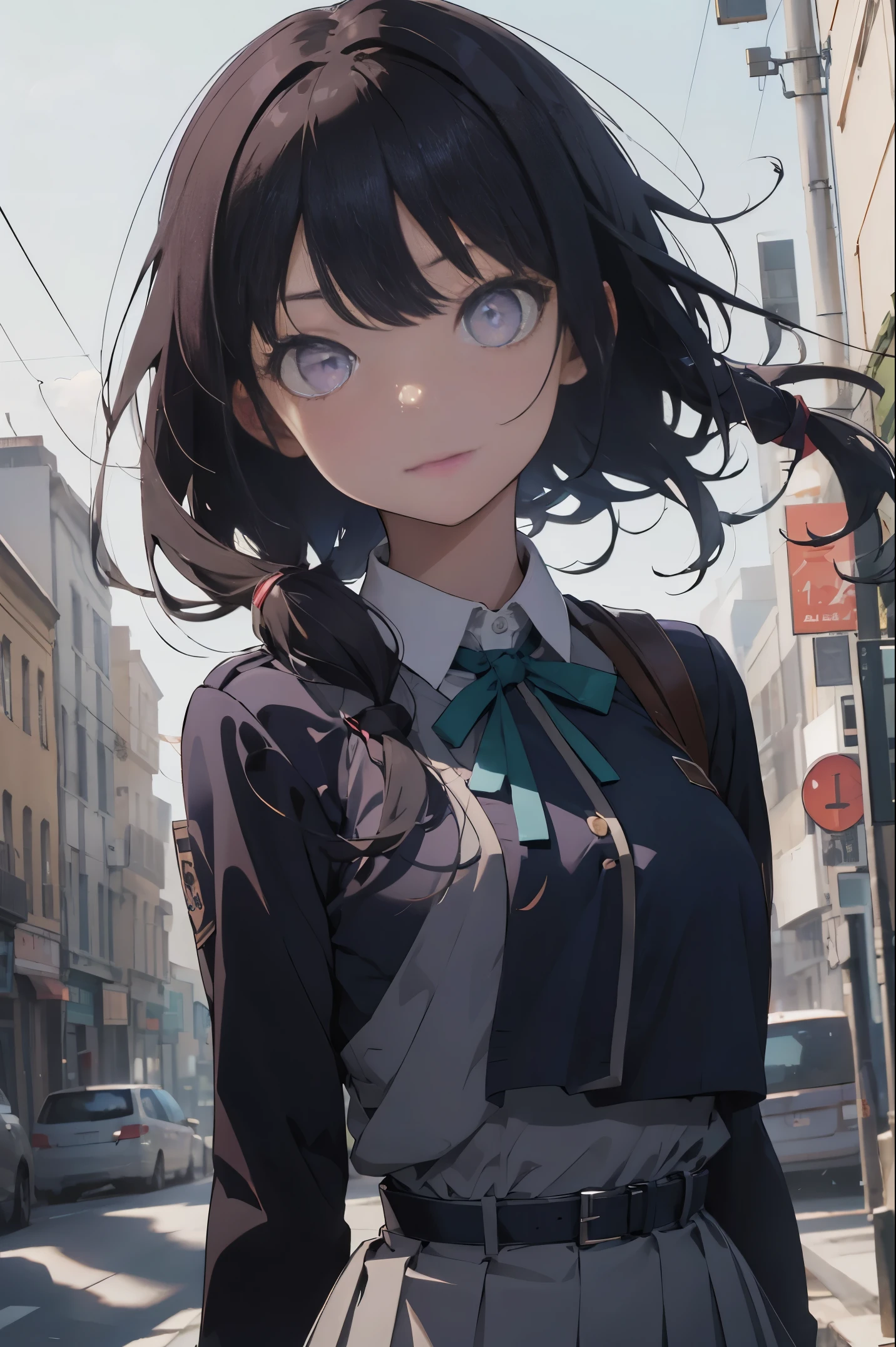 takinainoue, inoue takina, long hair, bangs, black hair, (purple eyes:1.2), BREAK shirt, long sleeves, dress, ribbon, school uniform, white shirt, collared shirt, belt, neck ribbon, blue dress, green ribbon, pleated dress, grey dress, two-tone dress, blue belt, lycoris uniform, BREAK outdoors, city, BREAK (masterpiece:1.2), best quality, high resolution, unity 8k wallpaper, (illustration:0.8), (beautiful detailed eyes:1.6), extremely detailed face, perfect lighting, extremely detailed CG, (perfect hands, perfect anatomy),