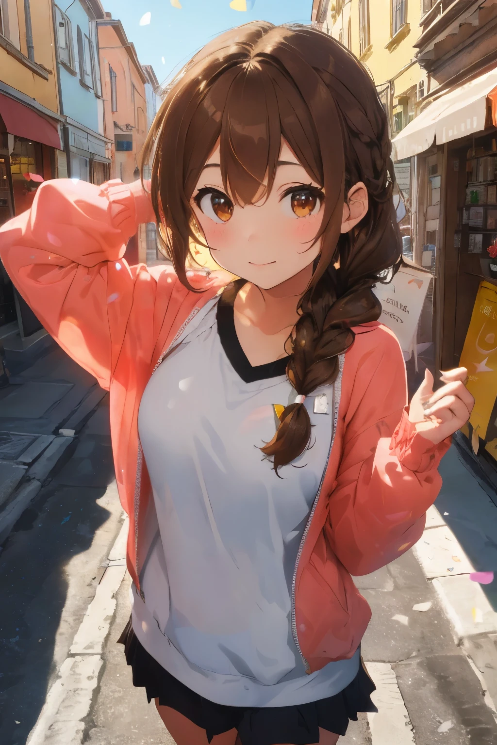 fluffy hair,((brown haired)),((twin hair braid short hair)),((Brown eyes)),(Congratulations),(Clear skies and bright sunlight),((colorful lights are shining)),Slight red tide,Confetti is flying happily),(jumpy),((There are many colorful flowers around)),(A stone building that looks like a European townscape),((Perspective from above)),(Long-sleeved clothing:1.3),(Your eyes are shining like stars:1.25),(On the go),