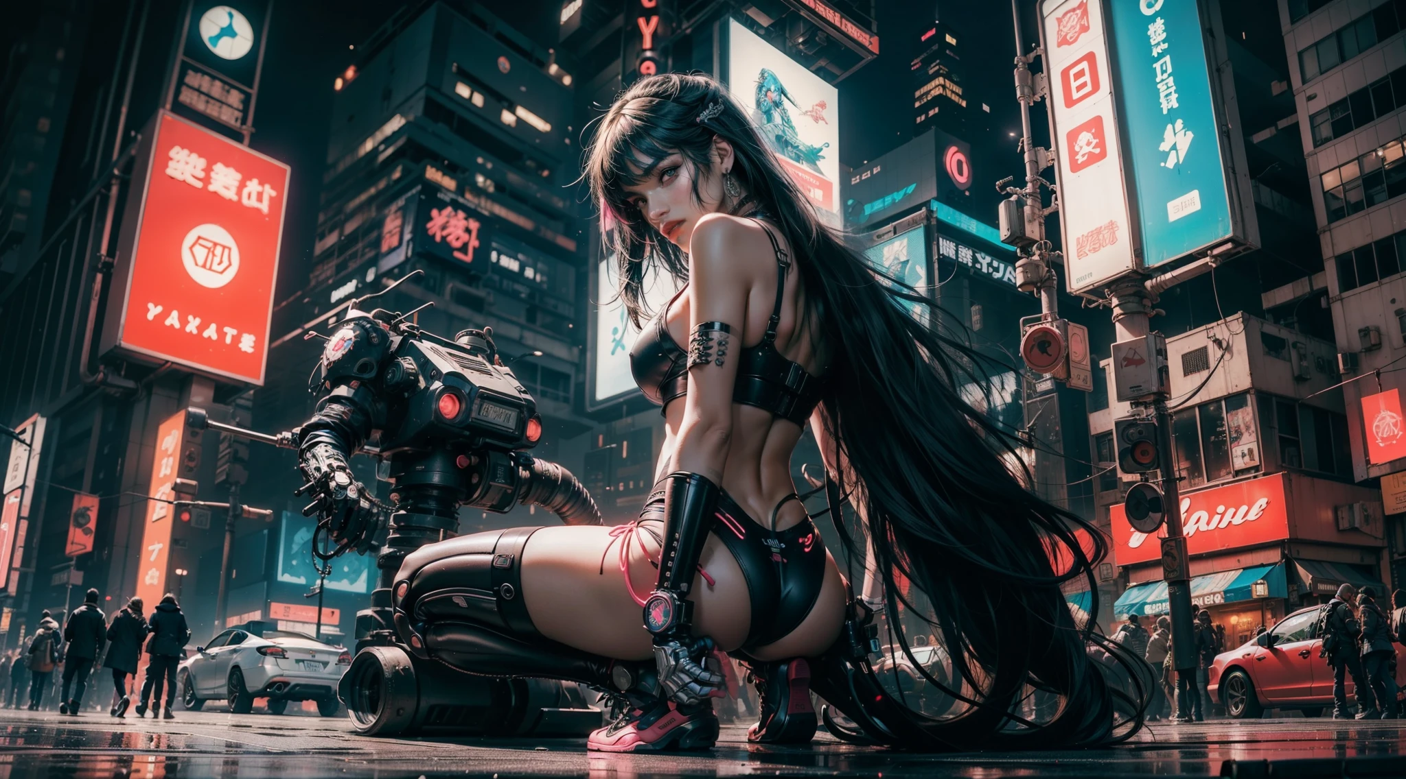 (Obra maestra, Calidad superior, La mejor calidad, Arte Oficial, beautiful and aesthetic:1.2),(1 Sofia Boutella Cyberpunk Girl:1.4),([rosado|azul] cabello:1.5),((Cara extremadamente detallada)),(Arte fractal:1.3),(De color:1.5), ((Cara altamente detallada)), hiper detallado,(Mechanical modification:1.3),(modification:1.2),doncella,(A complex mechanical conduit is inserted into the back:1.5),(Neon Background:1.4),(Neon City:1.75),Noche,(senos grandes, Brecha entre el muslo, dedo del pie de camello), (Gothic_ta:1.2),tacones altos,(:0.75),maquillaje,sonrojarse,(cyberpunk:1.4),((Mirando al espectador:1.3)), ((Disparo de vaquero)), NSFW, ((front facing camera)).