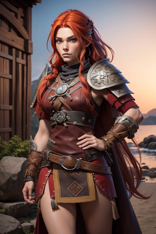 Viking woman warrior with orange hair, blue eyes. with intense gaze. with trival tattoos on the body. painted face. 