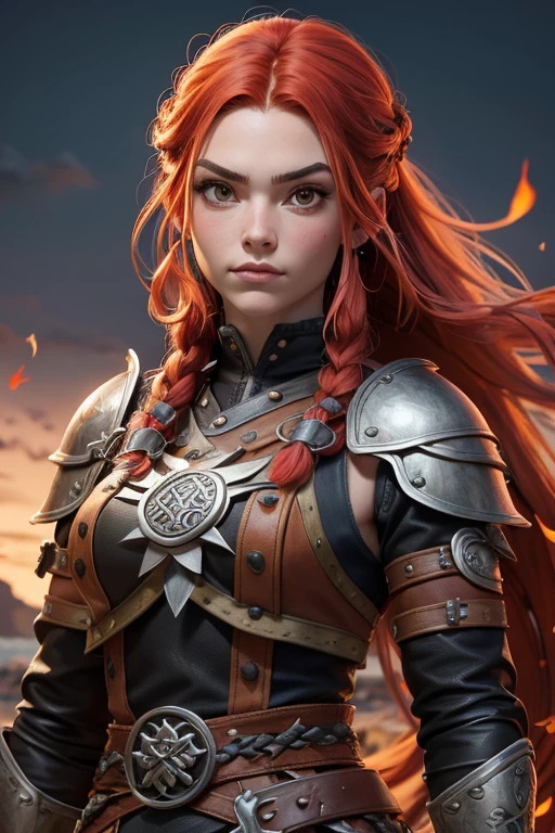 Guerrera pelirroja, pelo largo recogido en una sola trenza, Pecas en la cara, mix of Nordic and Celtic themes, armado con espada larga y escudo redondo de madera, wearing medium leather armor with fur linings and Celtic and Norse knots, Estilo realista, muy detallado, highest qualityr
