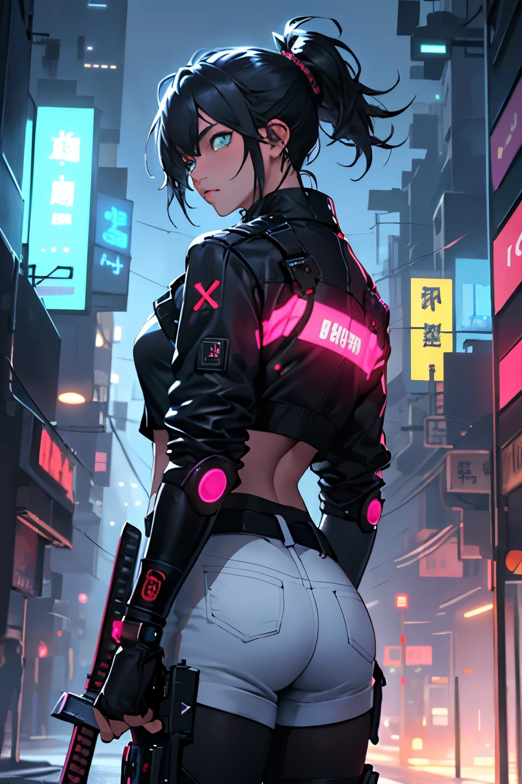 masterpiece, best quality, 1girl, JuriMS, sfvi, hair horns, multicolored hair, wide white pants, bangs,sadistic smile, seductive look, night, futuristic theme, full moon, detailed background, lighting, night, with moon,, full moon, rain, mountain, cloud, cyberpunk, synthwave, night sky, lights,close up, futuristic outfit, samurai neon, solo, cinematic lighting, detailed background, neon cyberpunk style, dreamlike, beautiful, futuristic, neo vibe city, neon lights, night
