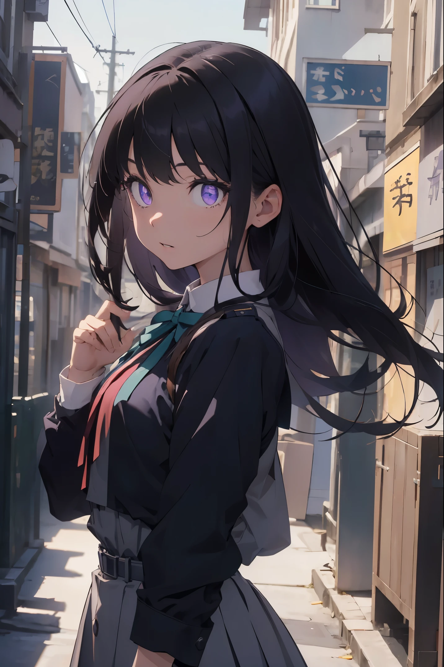 takinainoue, inoue takina, long hair, bangs, black hair, (purple eyes:1.2), BREAK shirt, long sleeves, dress, ribbon, school uniform, white shirt, collared shirt, belt, neck ribbon, blue dress, green ribbon, pleated dress, grey dress, two-tone dress, blue belt, lycoris uniform, BREAK outdoors, city, BREAK (masterpiece:1.2), best quality, high resolution, unity 8k wallpaper, (illustration:0.8), (beautiful detailed eyes:1.6), extremely detailed face, perfect lighting, extremely detailed CG, (perfect hands, perfect anatomy),