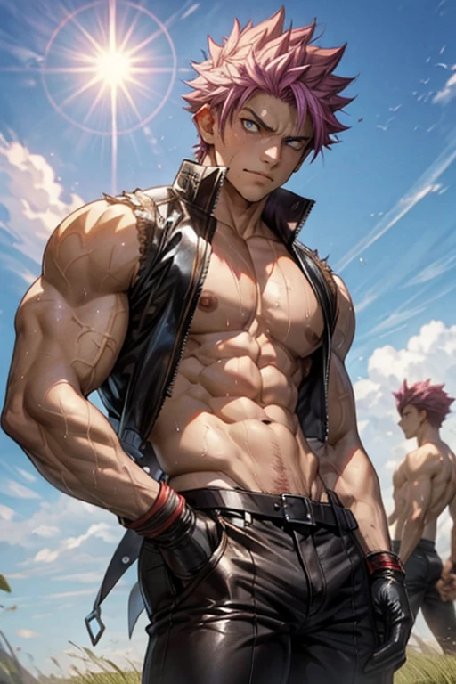 2boys kissing, Natsu Dragneel and Gray Fullbuster, masterpiece, best quality, shirtless slim lean  boys young adults in a grassy field with blue sky and clouds. The men are muscular lean slim and well built, with shiny bodies and defined muscles. The men are wearing gloves and pants which have intricate motifs. The men are wearing a single earring, and dripping wet and soggy in sun. Missionary pose, sexy expression. Non NSFW. Safe for work.