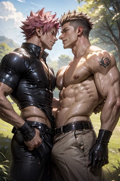 2boys kissing, Natsu Dragneel and Gray Fullbuster, masterpiece, best quality, shirtless slim lean boys young adults in a grassy field with blue sky and clouds. The men are muscular lean slim and well built, with shiny bodies and defined muscles. The men are wearing gloves and pants which have intricate motifs. The men are wearing a single earring, and dripping wet and soggy in sun. Missionary pose, sexy expression. Non NSFW. Safe for work.