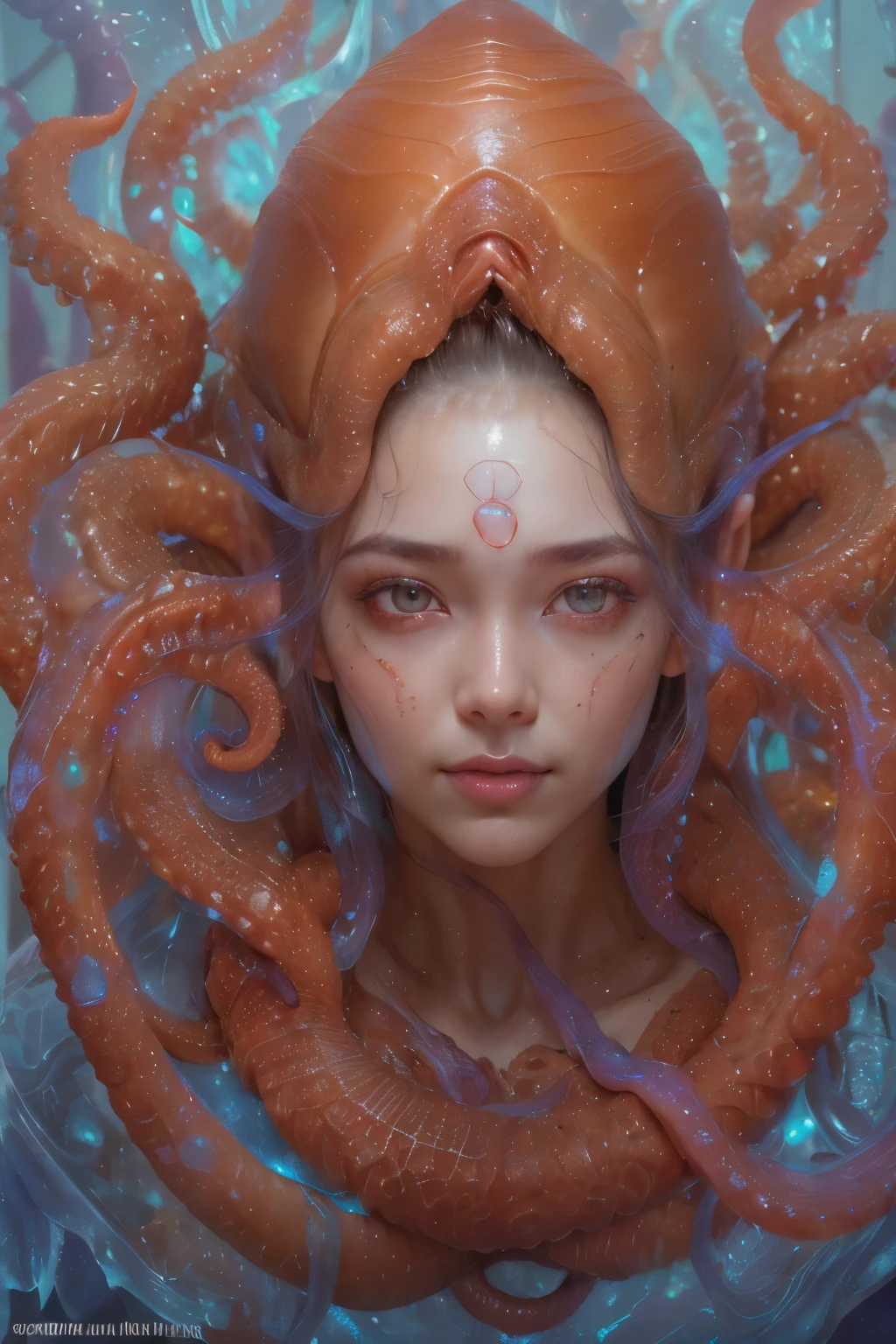 Portrait, (beautiful female alien:1.2), (There is a female genital-like organ in the middle of the forehead:1.8), (The most beautiful face in the history of the universe:1.2), (scarlet eyes:1.6), (Translucent skin:1.8), an evil gaze that seduces, (red eyes:1.5), (large mouth:1.1), sharp teeth like a shark, Full body like, (bio luminescent:1.2), (Smile wickedly:1.3), (sexypose:1.5), alien, No humans, cells are fused, (Lots of translucent tentacles:1.1) (Translucent skin:1.3), extraterrestrial, cell, bio image, Best Quality, 8K,4K_quality, High Definition, Dramatic Lighting, masutepiece:1.5,cinematic quality, detail up, (Intricate details:1.2), High resolution, High Definition, drawing faithfully, (Thick eyebrows:1.2), Beautiful eyes with fine symmetry, (Ultra detailed eyes:1.2),(Highly detailed face and eyes:1.2), (High-resolution red-eye:1.4), Intimate face, (Super detailed skin quality feeling:1.4), Perfect Anatomy, (Beautiful toned body:1.5), (Moist skin:1.2), No makeup, (dark circles:1.1), long canines, cinematic drawing of characters, ultra high quality model, cinematic quality, detail up, (Intricate details:1.2), High resolution, High Definition, drawing faithfully, Official art, Unity 8K wall , 8K Portrait, Best Quality, Very High resolution, ultra detailed artistic photography, midnight aura, unreal enginee 5, Ultra Sharp Focus, art by alberto seveso, ArtGerm, Roisch, intricate artwork, best quality, masutepiece, ultra High resolution, (photos realistic:1.4), Ultra-realistic realism, dream-like, nautilus, Creation of fantasy, Snail, Dream Snail, biopunk nautilus, Thrilling color schemes, Ultra-realistic realism, seductively smiling, Blue tentacles