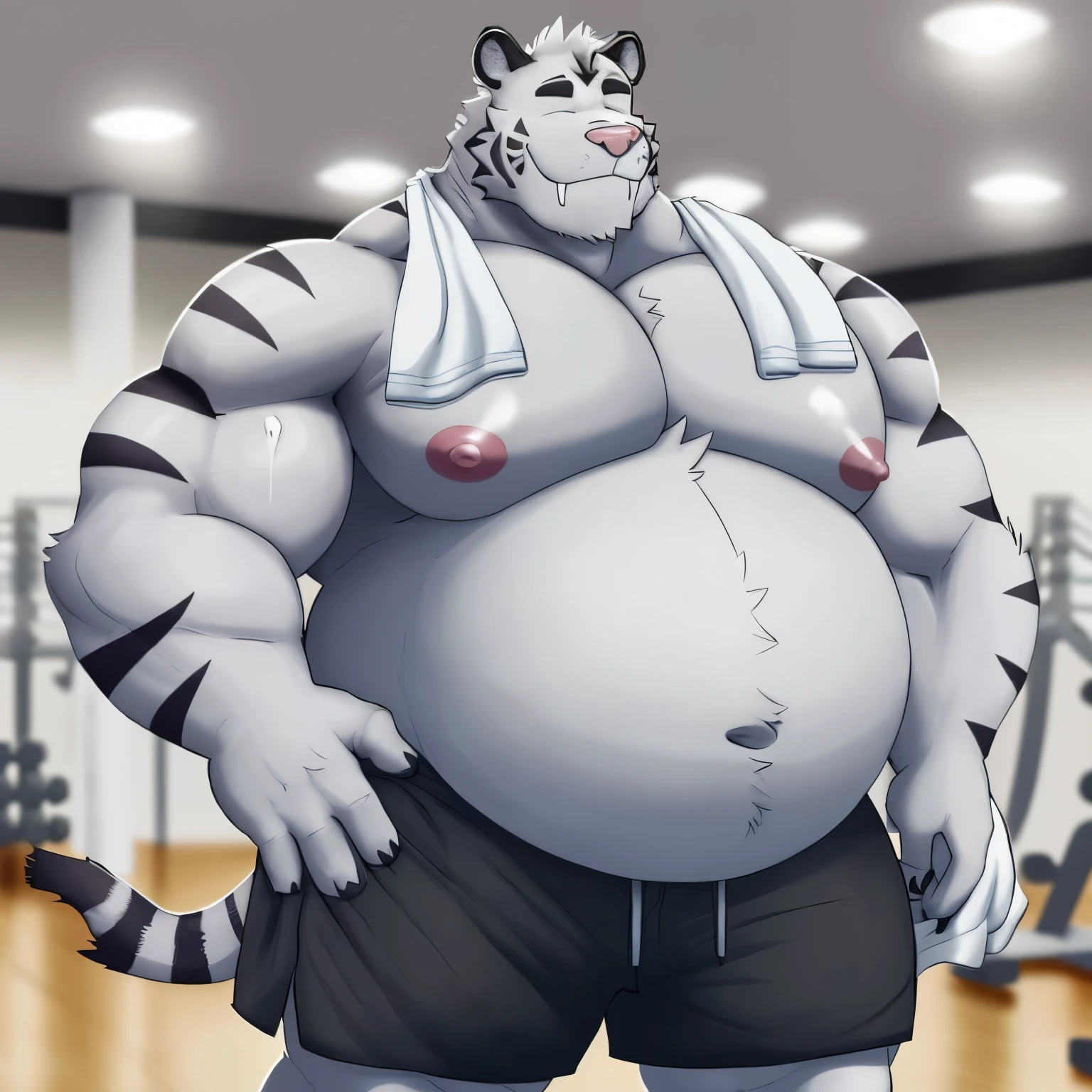 axel cosmas , solo, towel on shoulder,black shorts plump, huge, gym background, nipples, big fat belly, big ass, eyes shut, standing, 5 fingers, musclegut body, lineart, normal eyes, wet body, macro body, massive body, huge pecs, very wide