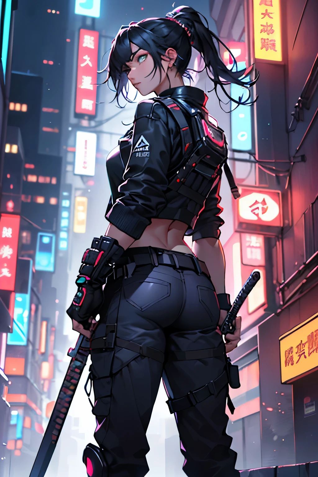 1girl, Alone, girl, futuristic outfit, Neon Samurai, Cyberpunk neon, the night, {{(tmasterpiece),(extremely detailed CG unified 8k wallpaperest quality at best,Alone,电影灯光,detailedbackground, A detailed eye, pretty eyes, photorealistic eye, Rear view of hand holding weapon