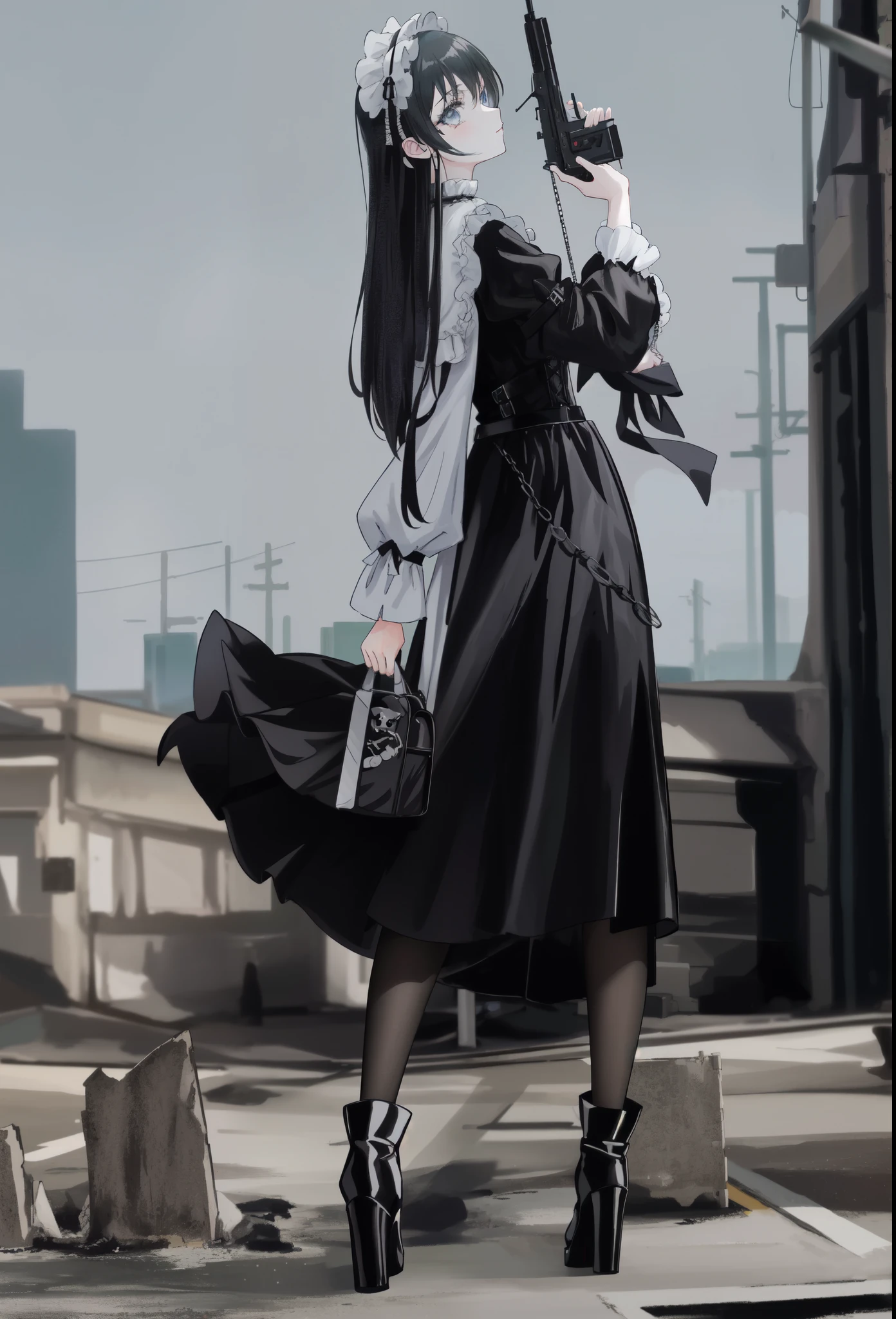 araffe dressed in black and white holding two guns, wearing modern gothic clothes, black gothic lolita dress, wearing japanese techwear, anime girl , cyberpunk dress, gothic maiden anime girl, cyberpunk fashion clothing, techwear occultist, victorian gothic lolita fashion, anime , gothic clothes, fashionable dark witch, wearing a gothic dress, dark gothic dress