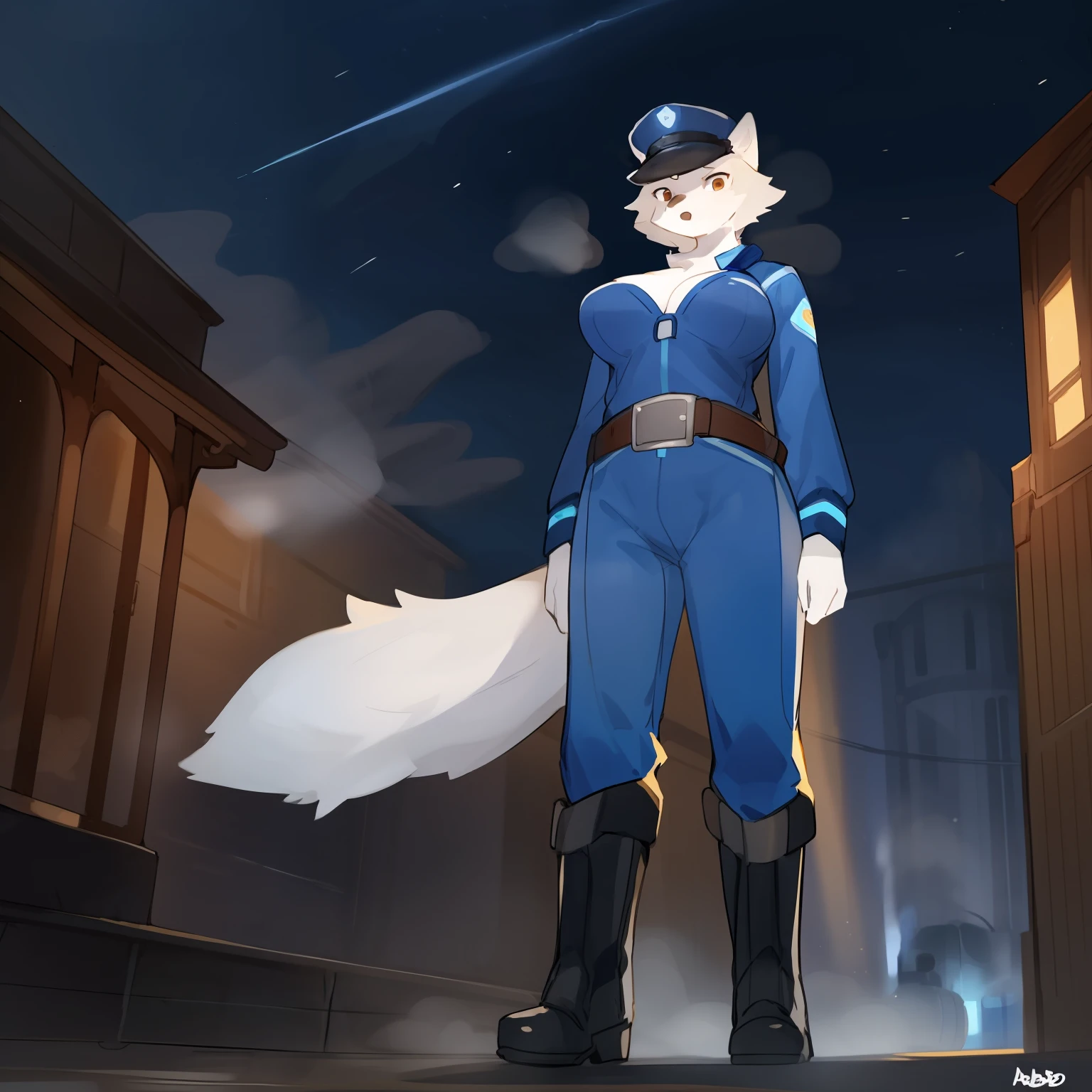 Solo, female, (((by bebebebebe))), standing, white fox, brown eye, breasts, dark blue conductor suit, steam locomotive, night, dramatic lighting, dark blue conductor cap, brown belt, black boots,